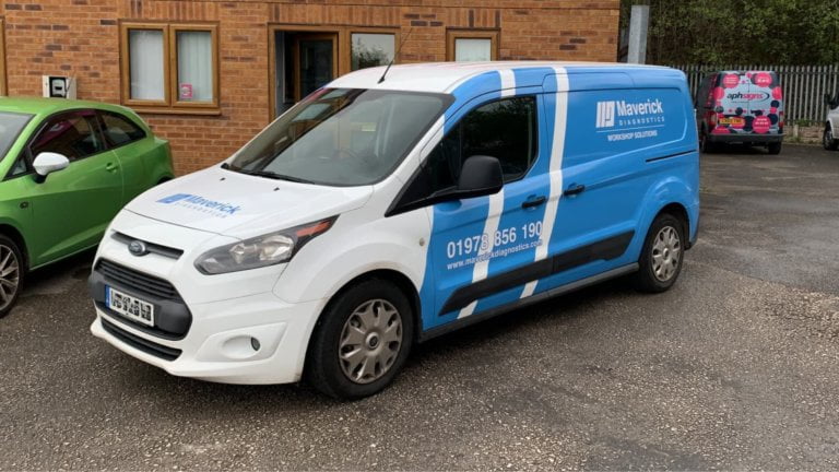 Maverick Diagnostics branded blue and white van