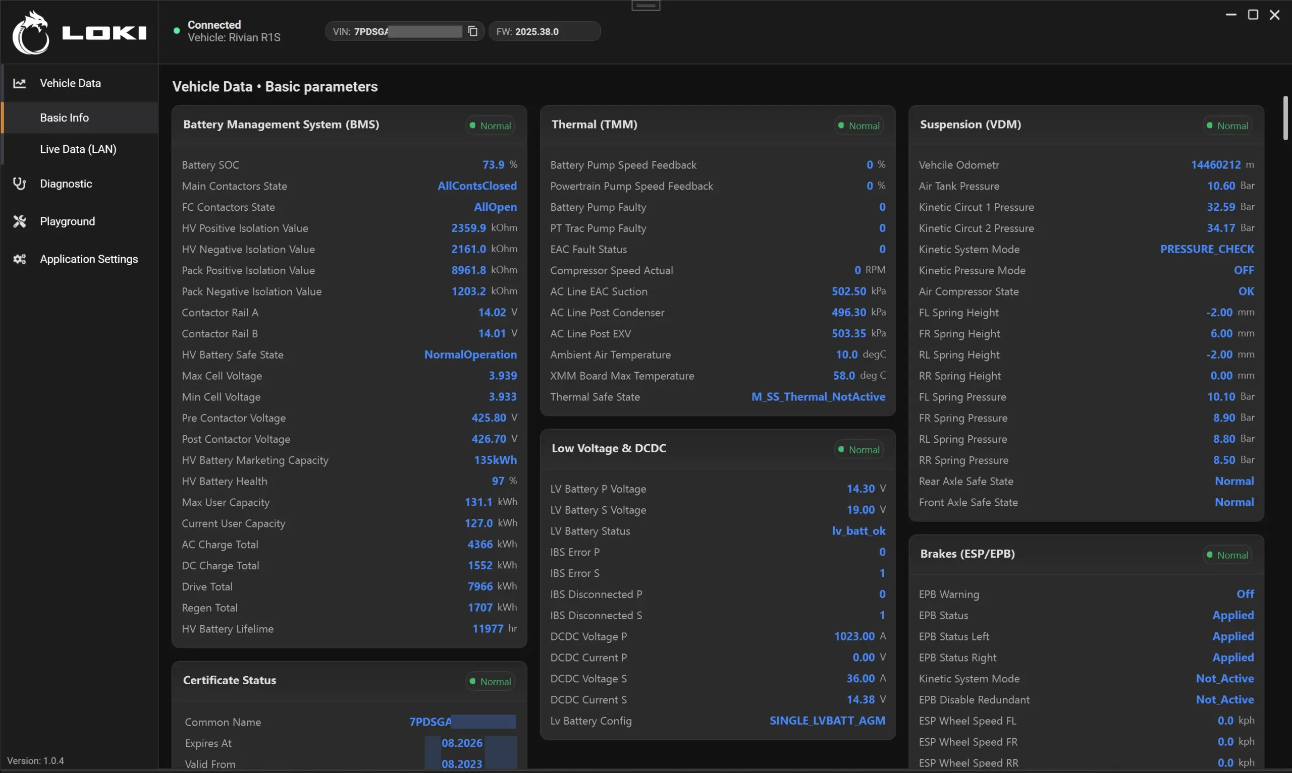 LOKI PRO vehicle information and system parameters