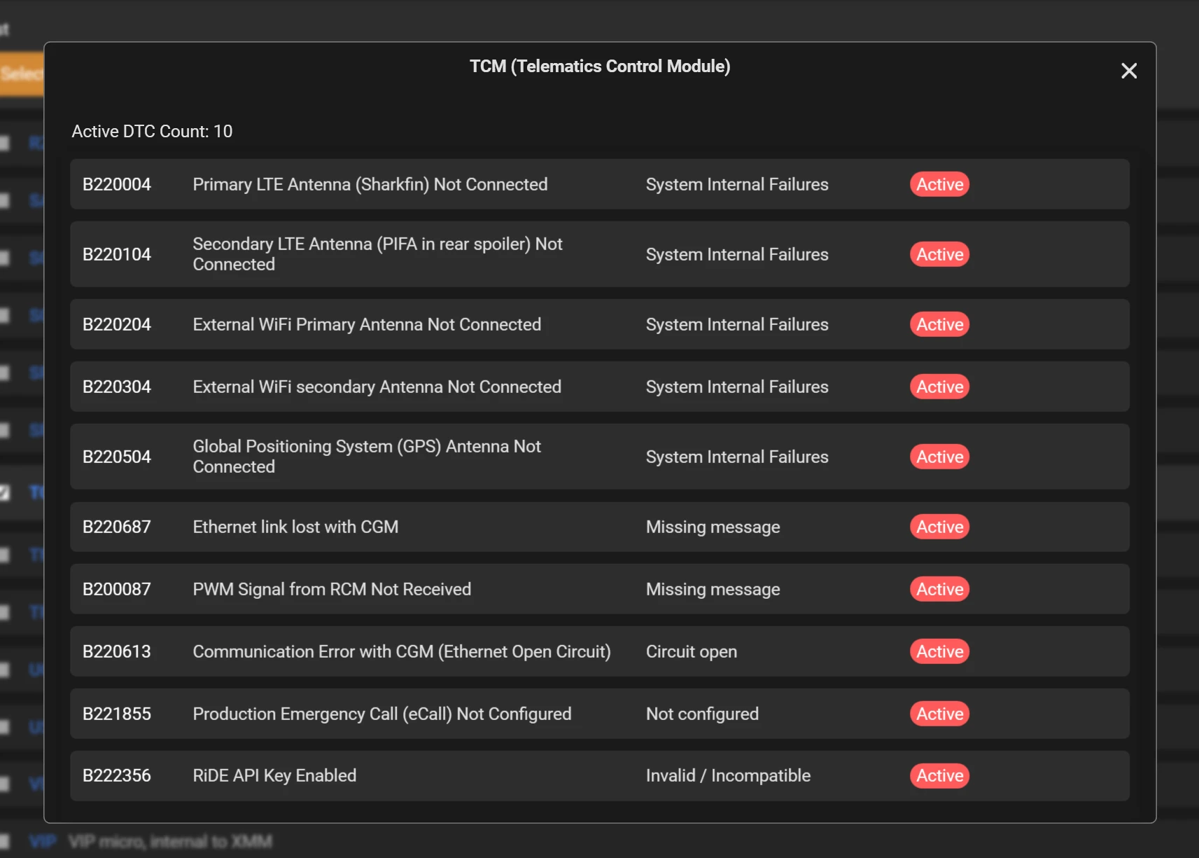LOKI PRO diagnostic trouble codes and module fault status